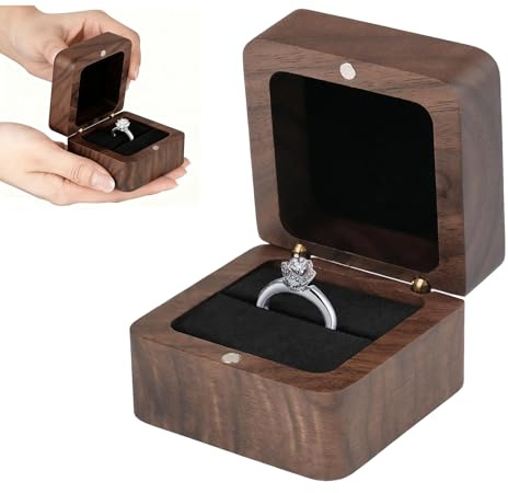 Ringbox Holz, Ringbox Hochzeit 6x5.5x4cm Vintage Massive Walnuss Ring Box | Samt Soft Interieur Ringschatulle, Quadratische Hochzeit Ringschachtel für Ring für Hochzeits Verlobung und Tägliche Lagerung