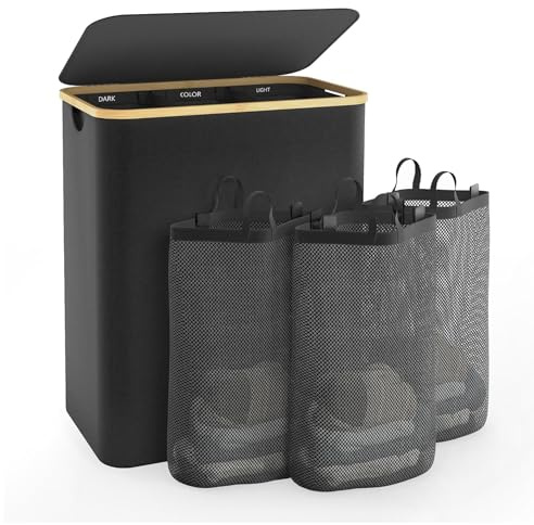 C'est Home Laundry Basket with Lid, 3-Section Large Laundry Hamper, 145L, Removable Mesh Bags, Bamboo Frame, Oxford Fabric, Family Dirty Laundry Sorter for Laundry Bin