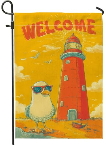 Leuchtturm-Gartenflagge, Sommer, verspielte Vogel-Sonnenbrille, Sommer, gelbe Jute, doppelseitig, dekorative Flaggen für Außenbereich, Terrasse, Rasen, Veranda, Balkon, 30,5 x 45,7 cm