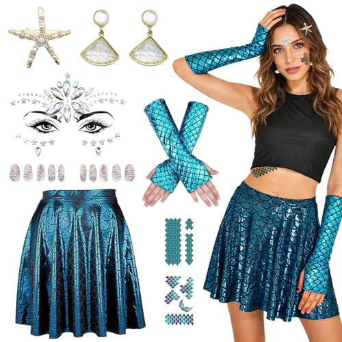 Henjunu Meerjungfrau Kostüm Damen,Mermaid Costume für Karneval Mottoparty | Fischschuppen Rock + Seestern Haarspange + Glitzersteine Gesichtstattoo + Ohrringe + Handschuhe Meerjungfrau Aufkleber