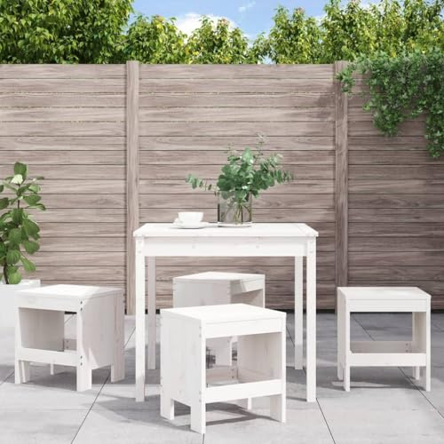 Runheo 5-TLG. Garten-Essgruppe Weiß Massivholz Kiefer, 82,5x82,5cm Tisch, 4 Hocker, Robustes Outdoor-Möbelset für Terrasse, Balkon, Garten