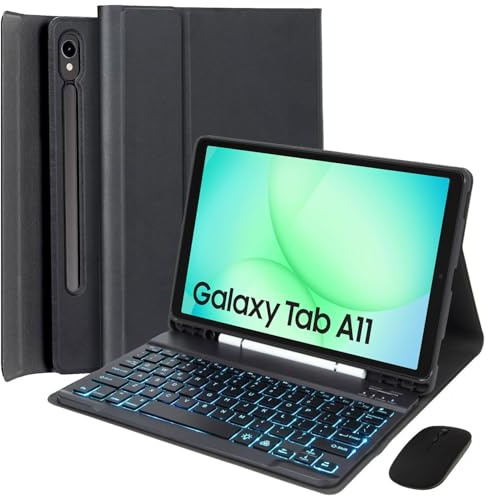 EHLCYS Coque Clavier pour Samsung Galaxy Tab A11 / Galaxy Tab A9 8,7 Pouces (2025/2023), AZERTY Clavier Détachable Rétroéclairé 7 Couleurs, Coque Protection Ultra-Fine avec et Souris,Noir