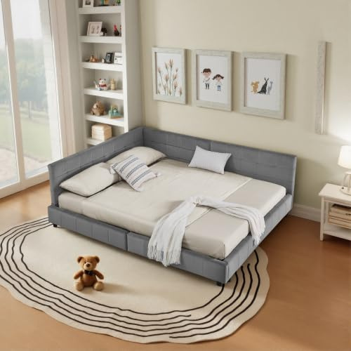 kozamas Polsterbett 60x200 cm mit hoher Lehne & weichem Samtbezug | Eckbett für Paare | Robustem Eukalyptus Gestell | Dunkelgrau | Ohne Matratze