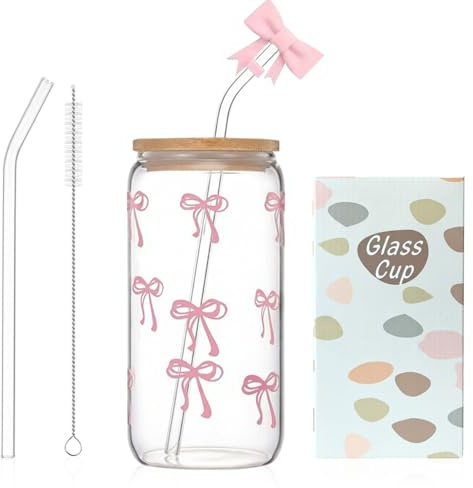 QFWFG Bow Glass Cups with Bow Straw Topper Lids and Straws - 500ml Leak-Proof Cute Iced Coffee Matcha Tumbler, Elegant Reusable Glass Cup for Milk, Bubble Tea, Cocktail & Smoothie