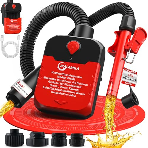 Pompe a carburant avec arrêt automatique,15 L/min Pour diesel,essence,huile et eau Flexible inclus pompe a essence Adaptée aux jerricans,tracteurs,générateurs,tondeuses 4 adaptateurs fournis