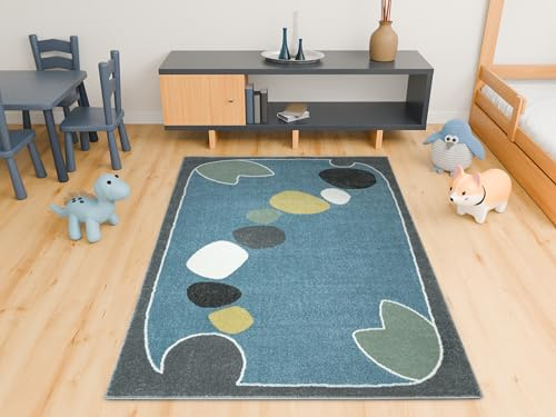 AKCILA Lima rechteckig Kinder Teppich Pastell Grau/Blau 120x170 cm | Seenmuster | Kinderzimmer Kurzflor Teppiche | Kids Carpet | Teppich für Mädchen und Jungen