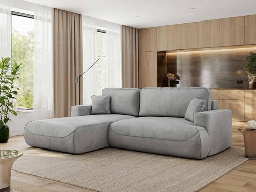 MKS MEBLE Ecksofa Wohnlandschaft L-Form mit Schlaffunktion und Bettwäscheschrank, Schlafsofa mit Bettkasten, modernes Sofa OVO L - Links - Hellgrau Velvet