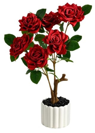 Anynoch Roses Artificial Flowers 16.14inch 6 Flowers Fake Rose with Pot,Red | Faux Rose, White Plastic Pot, For Home Office Wedding Decoration，Silk Petals，Made of Silk, Plastic, Metal Wire