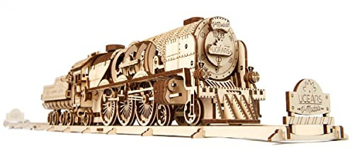 UGEARS V-Express Treno a vapore con tender - Regalo per la festa del papà Puzzle per adulti Kit di modellini di puzzle in legno 3D per adulti ragazzi Kit di costruzione di puzzle 3D Kit di modellini