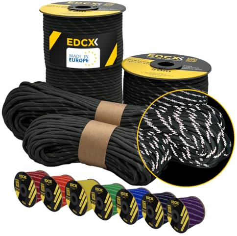 EdcX Reflective Paracord 550 4mm, 13 Colors, Hi-Vis (15m, 30m, 50m) | Reflective Black, 50 m – 100% Nylon 4mm, Type III 7 strand | Night Visibility, Camping, Guy Lines | Made in EU