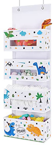 WERNNSAI Dinosaur Over Door Hanging Organizer - 4 Clear Window Pockets Wall Storage Diaper Closet Organizers for Baby Boys Toy Bedroom Nursery Decor