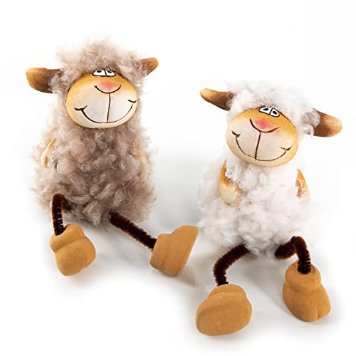 Logbuch-Verlag 2 Schafe Figuren mit hängenden Beinen Ostern Kantenhocker Schaffiguren grau weiß aus Keramik 13 cm Osterdeko Ostergeschenk