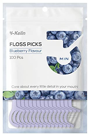 Y-Kelin Dental Floss-100 palillos de dientes con hilo dental para limpieza de dientes (arándanos, 100 unidades)