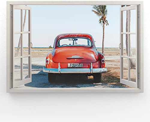 Estika - Leinwand Bilder Fensterblick - Auto, Meer, Palme - 120x80 cm - 1 teilige Wandbilder, Bild auf Leinwand, Modern Deko für wohnzimmer schlafzimmer - Natur Landschafts bilder - 6001A_1B