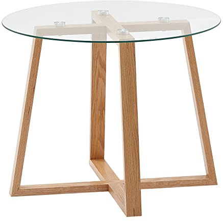 FineBuy Couchtisch Eiche Massivholz/Glas Sofatisch Rund Wohnzimmertisch, Design Stubentisch Modern, Holztisch Kaffeetisch, Tisch Wohnzimmer Echtholz