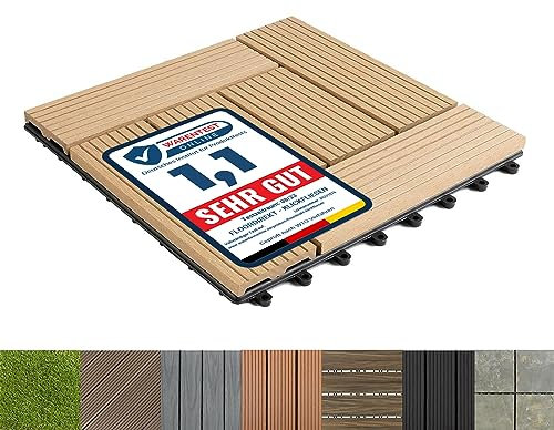 KARAT Dalle de terrasse en WPC - 30 x 30 cm - Carreau de patio en WPC avec fonction de drainage - Pour le jardin, la terrasse, le balcon approprié (Teak)