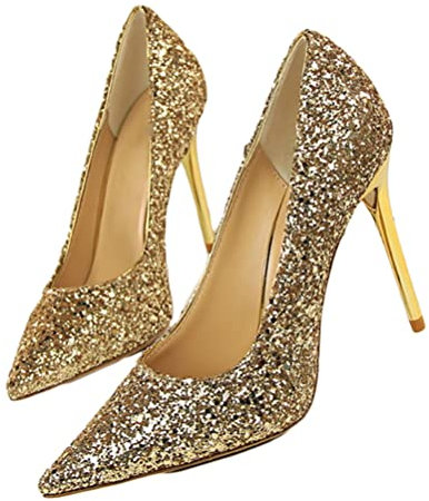 Onsoyours Damen High Heel Pailletten Pumpe Sexy Spitz Stilett Schuhe Einfachheit Elegant Büro Bankett Formelle Anlässe Pumps Gold 35 EU