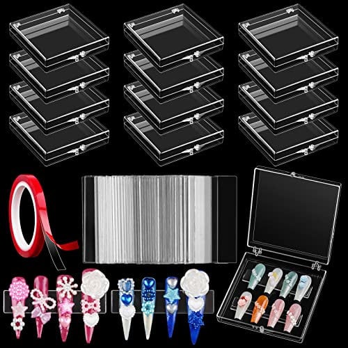 63 pièces Ensemble Boîtes de Rangement pour Ongles, Kalolary Ensemble Faux Ongles Comprenant Boîtes d'Emballage Ruban Adhésif Double Face Support Présentoir Ongles Transparent pour Presser Ongles