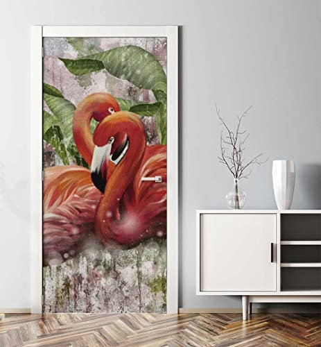 MyMaxxi - Tür bekleben mit Türtapete Türposter Türfolie Selbstklebend 90x200 Flamingo auf Wand - Tür verschönern Türaufkleber Türklebefolie Vogel Dschungel tropisch rot