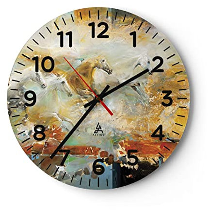 Modern Wanduhr Pferde Galopp Modern 40x40cm Rund Groß Wand Uhr Glas Analog Zimmeruhren Küche Büro Wohnzimmer Glasuhr Wall Clock Dekoration Design Wanddekoration Küchenuhr C4AR40x40-4506