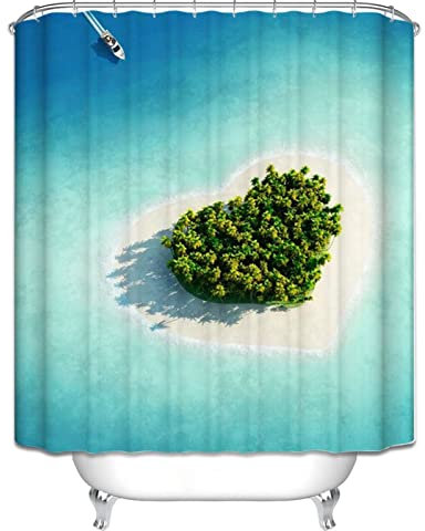 EHOMERY Duschvorhang Für Badewanne Badevorhang Befestigung Insel Der Liebe Duschvorhangbogen Duschrollo Mit Motiv Polyester Rostfreie Ösen Und 12 Hakenringe, 180X200Cm