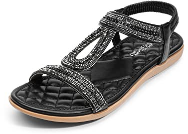 DREAM PAIRS Womens Flat Sandals Open Toe Diamante Bohemian Summer Beach Holiday Ladies Sandals,Size 6,Black,SDFS2334W-E