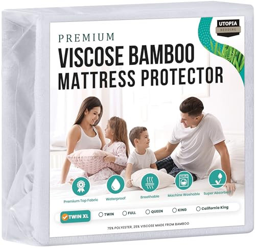 Utopia Bedding Premium Wasserdichter Matratzenschoner, Twinsize XL, Viskose, aus Bambus, atmungsaktiv, mit dehnbaren Ecken, Weiß