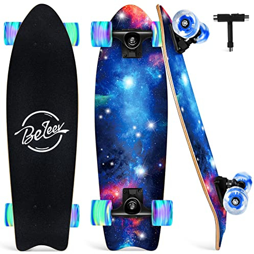 BELEEV Cruiser Skateboards for Kids, 27x8 inch Complete Skateboard for Beginners Teens Adults, 7 Ply Canadian Maple Double Kick Deck Concave Trick Skateboard with LED Light-Up Wheels (Nebula)