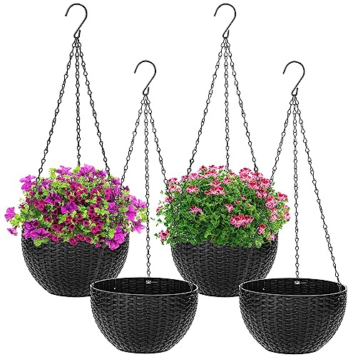 Foraineam 4 Pack Black Hanging Planters, 8.2 inch Hanging Flower Basket Planter Pots, Garden Plant Pot Container, Balcony Patio Hanging Basket Planters with Drainage Hole for Indoor and Outdoor Use