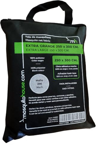 Tessuto zanzariera 3 metri x 2,50 metri (nero con nastro adesivo) per finestre, porte, terrazze, roulotte