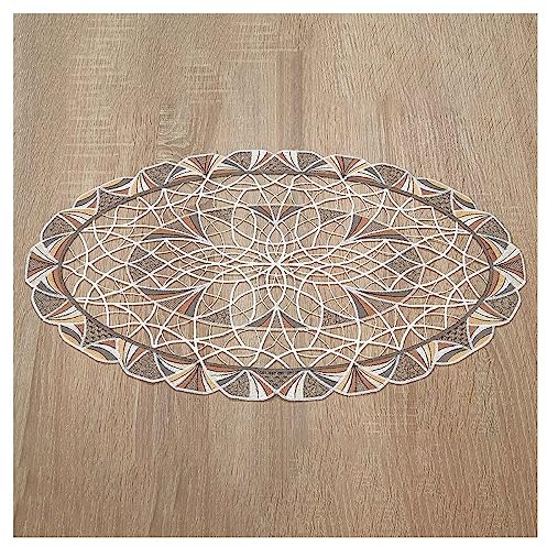 DSD Design-Studio Drechsler Deckchen Joline aus Echter Plauener Spitze Moderne Tischdecke in beige-braun mit geometrischem Muster 49 x 31 cm oval