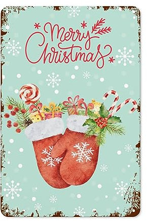 Targa in metallo con guanti rossi di Natale, cartello vintage in alluminio con Babbo Natale, decorazione da parete rustica per la casa e le feste, 20 x 30 cm, targa in latta retrò