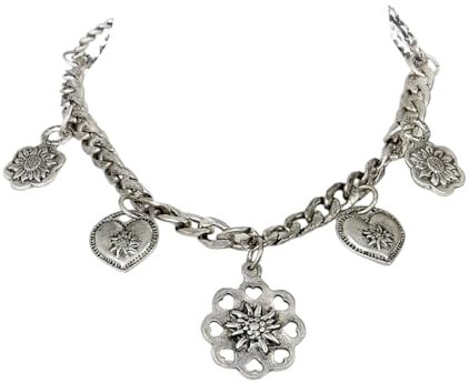 lordies Oktoberfest Charivari Edelweiss Trachten Hosenkette Dirndlkette Herz Blumen Silber, Metal