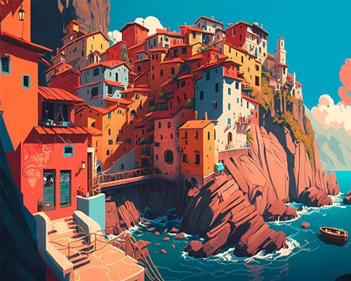 TISHIRON Peinture par numéros pour adultes - Peinture par numéros - Petite ville d'Italie - Peinture abstraite par numéros pour débutants - Peinture à l'huile à la main par numéros - Décoration murale