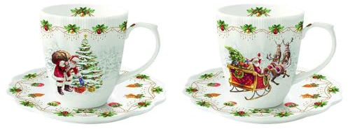 Easy Life Lot de 2 tasses à café expresso de Noël en porcelaine avec soucoupes et Père Noël vintage Nostalgic Christmas 110 ml