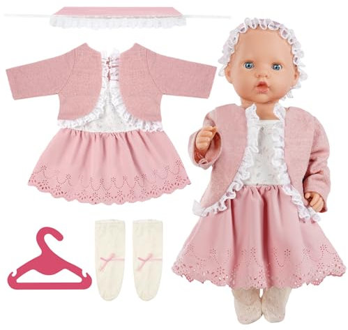 Aolso Vestiti per Bambole per New Born Baby Doll, Abiti per Bambolotti 35-45cm, Set Vestito, con 1 Gonna con Bretelle Rosa, 1 Giacca Rosa, 1 Foulard Rosa,1 Paio di Calzini Beige, 1 Gruccia Rosa