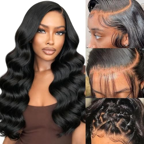 28 Zoll Echthaar Perücke 13x4 HD Lace Front Wig Human Hair Body Wave Human Hair Wig with Baby Hair 200% Dichte Natürliche Gewellte Echthaar Perücke Pre Plucked Perücke Damen Echthaar 70cm