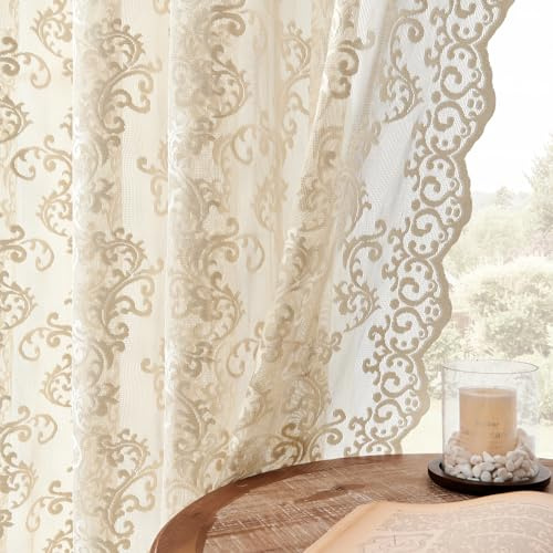 FOLKSIDE Spitzenvorhänge, 2 Stück, viktorianisches Blumenmuster, durchscheinend, für Wohnzimmer und Schlafzimmer, Tunnelzug, Lichtfilterung, Paisleymuster, Häkelvorhänge, 132 x 160 cm, Beige