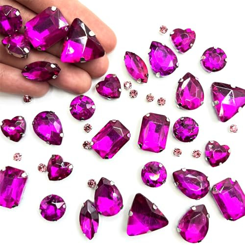Yixinly 236 Stück Strasssteine zum Aufnähen, 7 Formen von Strasssteinen Metall Krappenfassung Glas Nähen Edelsteinefür DIY-Bastelkleidung, Kleidungs, Schuhe, Taschen (Rose Rot)