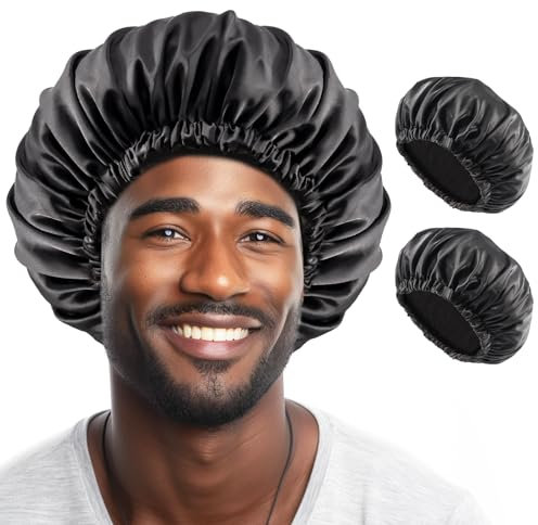 Lolalet 2 Stück Seidenhaube für Herren zum Schlafen Satin Bonnet, Seide Schlafmütze für Männer -Schwarz