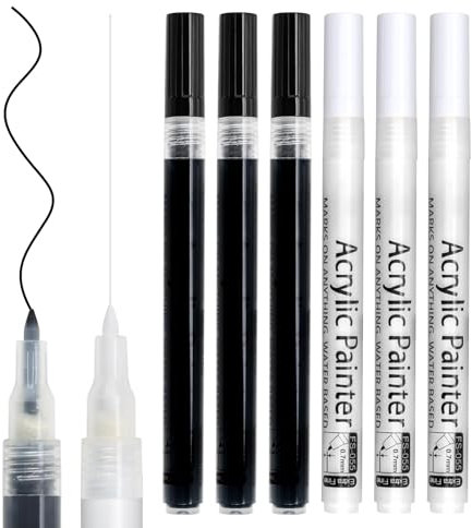 newatty 6 Feutre Acrylique Noir Blanc, 0.7mm Feutres Noirs Blanc Acrylique Stylo Peinture Acrylique Marqueurs Peinture pour Pneu Pierres Galets Bois Verre Metal Textile Album Photo