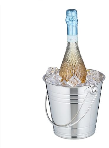 Relaxdays Sektkühler, Edelstahl, Flaschenkühler für Sekt, Champagner, Wein, 2,5 l, Eiswürfelbehälter mit Henkel, Silber