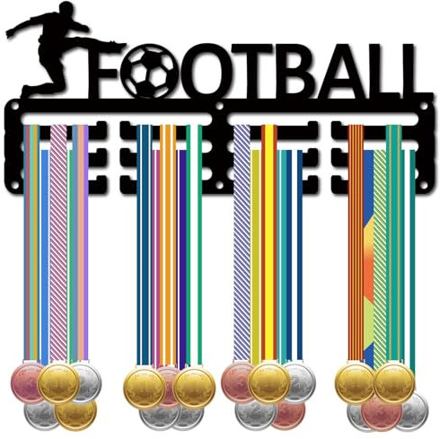 CREATCABIN Appendini per Medaglie da Calcio Porta Medaglie Espositore per Medaglie Piccole in Metallo Organizzatore per Targhe Appendiabiti da Parete per Calcio Nero con 12 Gancio per Premi 29x13cm