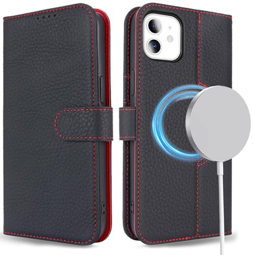 ELTEKER Handyhülle für iPhone 12/12 Pro Hülle [Echtes Leder] Klapphülle Schutzhülle Flip Case - Litchi Schwarz
