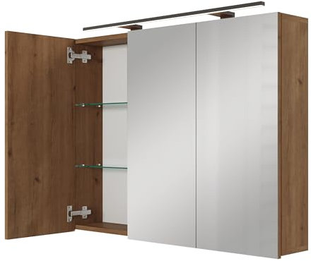 Planetmöbel ARIA Spiegelschrank Bad mit Beleuchtung 100 cm breit | Badschrank hängend mit Spiegel | Gold Eiche, mit Leuchte und Steckdose, Spiegelschrank Gäste WC 100 x 70 x 16 cm