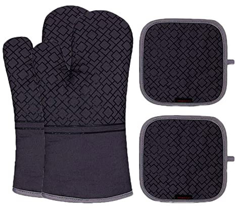 Guanti da forno 4pcs Forno Mitts Potholder Set for cucina Cuocere in cottura Guanti isolanti resistenti al calore Pot Holders Mat Poliestere Hot BBQ. Guanto da forno Guanti da forno professionale(Noir