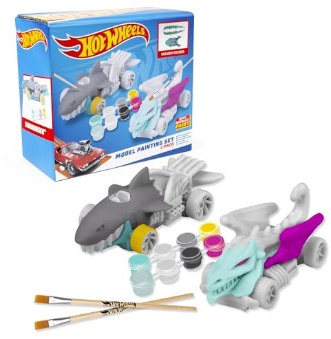 abeec Hot Wheels Model Painting Set – Dragon Blaster & Sharkruiser – 2 Models, 8 Paints Including Metallic, Brushes & Stickers – Ages 3+
