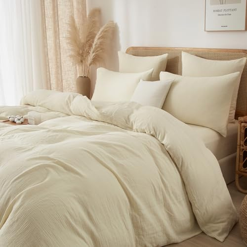 Luofanfei Musselin Bettwäsche 200x220 Baumwolle Beige, ÖKO-TEX, Uni | 100 % Baumwolle, Reißverschluss, maschinenwaschbar, weich & atmungsaktiv, 1x Bettbezug 200x220 und 2x Kissenbezüge 80x80