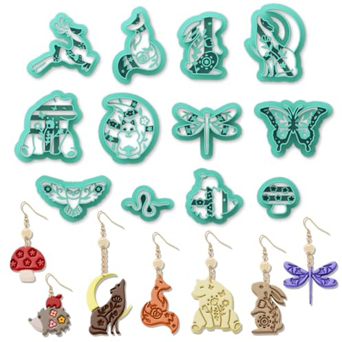 ORIGACH 12 Stück Waldtiere Polymer Clay Ausstecher Ohrringe | Polymer Clay Cutters Mit Aufbewahrungsbox Geometrische Modelliermasse-Ausstecher für Schmuckherstellung DIY Ohrringe