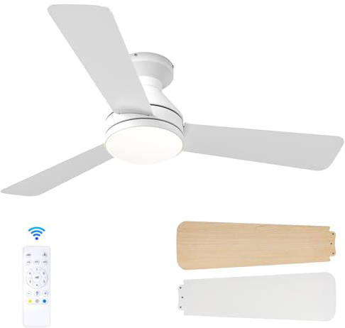 Passky Ventilatore a soffitto con luce silenzioso 107cm, Comando a distanza, Motore CC reversibile,3 regolazioni di colore, Funzione estate-inverno, 6 velocità,Temporizzatore, Interno/esterno, Bianco